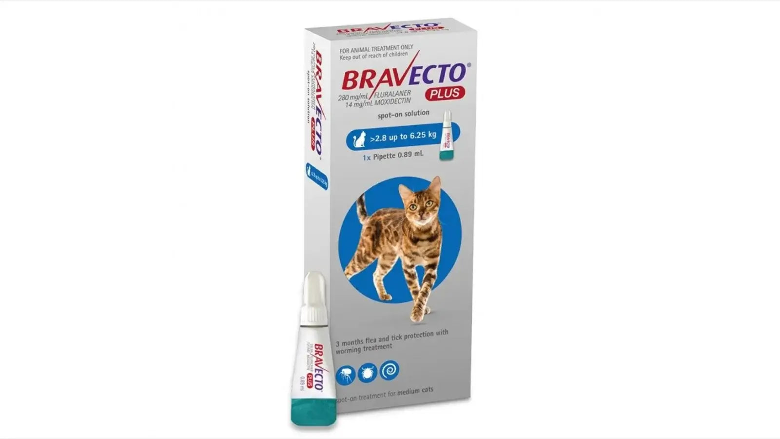 BRAVECTO Plus Spot-on for cats 250mg/500mg packaging with a cat image, effective flea and tick treatment for up to 6 months.