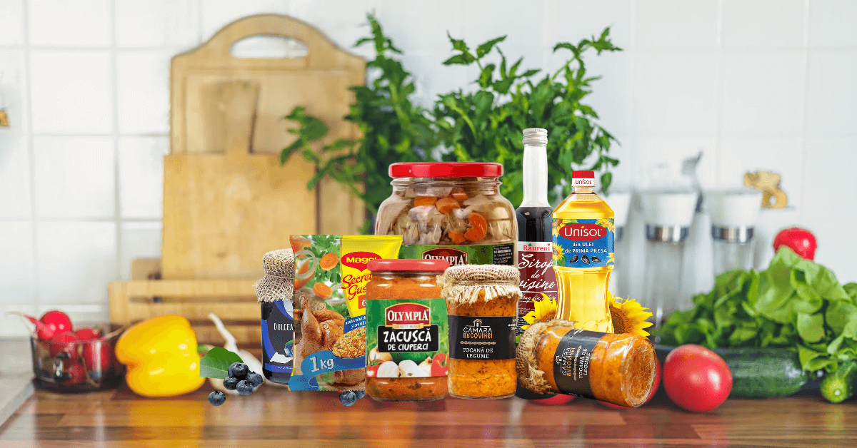 Ingredientele pentru preparate cu gust autentic românesc, aranjate pe o masă de bucătărie.