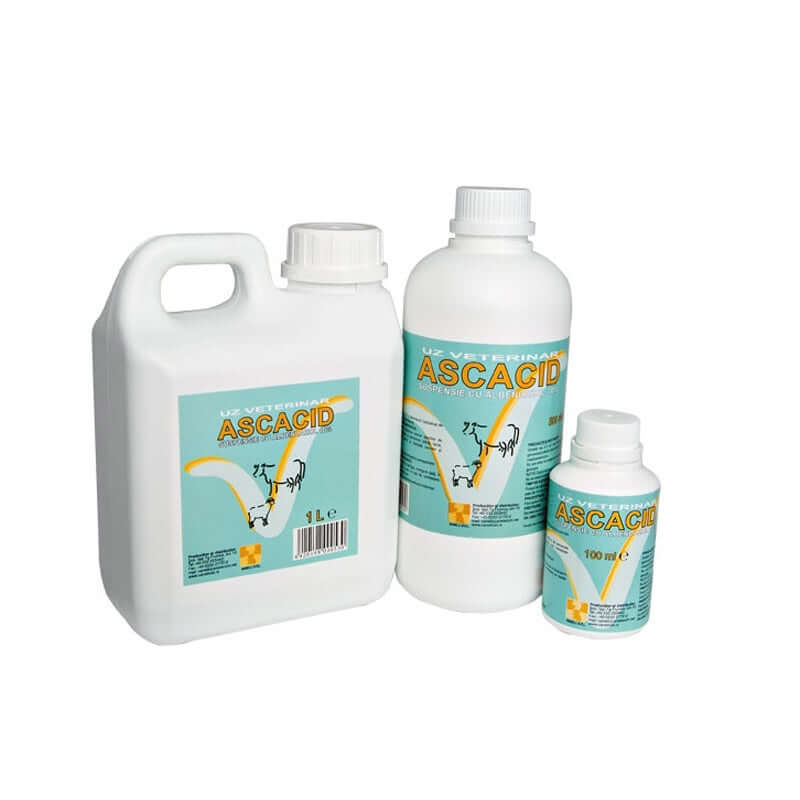 ASCACID 10% veterinarian product bottles for treating gastrointestinal nematodes in cattle, available in 100 ml and 1 liter sizes.